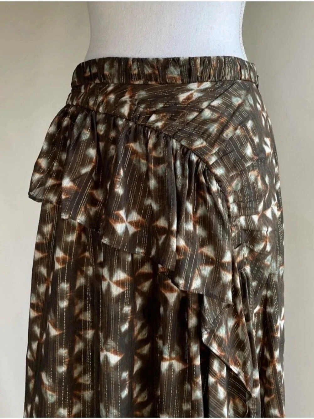 NWT Ulla Johnson Ruffle Maxi Skirt Women 0 Sofia Olive Prism Silk Brown Metalic
